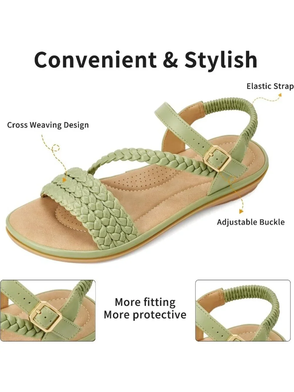 Women's Green Summer Comfortable Strappy Flats Casual Walking Beach Sandals